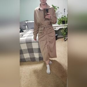 Chic Me dress in tan, lots of ruching, midi length